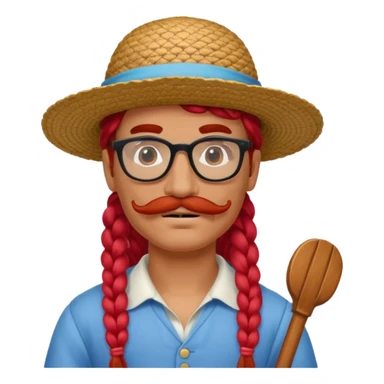 venice gondolier with long red braided hair, iconic hat, normal glassess and red mustache sticker