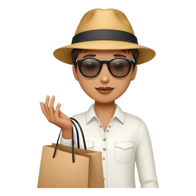 mystery shopper wearing sunglasses and a hat, holding a shopping bag sticker