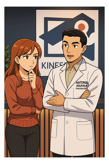 su questo stile fai un manga/webtoon a colori in cui una donna SI TOCCA IL MENTO CON L'INDICE MENTRE ASCOLTA PENSIEROSA L'UOMO, l'uomo della foto in stile manga LE SPIEGA CHE DEVE PROVARE LA SUA VALUTAZIONE MEDICA, mantieni un ambiente simile alla foto che ho allegato con il suo logo (sarebbe il suo studio, lui è un kinesiologo), scrivigli "ANTONIO ANANIA" sul camice bianco, non mettere fumetti, ma fai in modo che sembri che la donna ASCOLTI l'uomo sticker