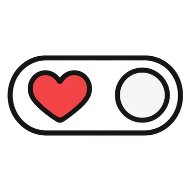 minimalist toggle switch on white background with a large bright red heart on the left and a light gray circle on the right representing the movable part of the switch in off position, rounded shapes, sober colors except vivid red heart, clean and modern design sticker