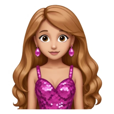 Ariana Grande with long golden brown hair, dark pink sequin dress, pink earrings sticker