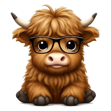 Cute Fluffy brown Highland cow baby sitting with a black glasses sticker
