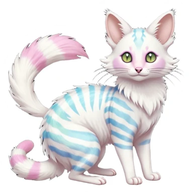 cute adorable white albino fur with random colorful iridescent markings beautiful elegant pretty precious cute  Fakémon-Pokémon-alien-opossum-feline-serval-caracal-chinchilla-Minccino-hybrid-creature with a big fluffy bushy striped tail (full body) sticker