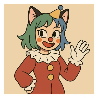 asian girl with cat ears, dressed like a clown, green and blue colored hair, anime-inspired style sticker
