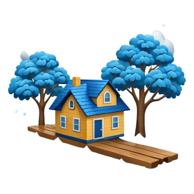 showing a flood disaster scene with powerful blue water waves carrying floating tree branches and wood pieces, small houses partially submerged, dark storm clouds above, heavy rain, realistic yet simple and clean emoji-style design sticker