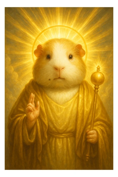 almighty guinea pig god with a mole on the left cheek, divine, radiant, powerful presence sticker