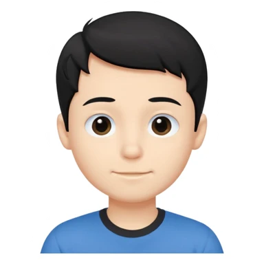 Cute cartoon-style boy portrait, black hair, blue t-shirt, big black eyes, closed mouth,clean bold lines, flat colors, minimal shading sticker