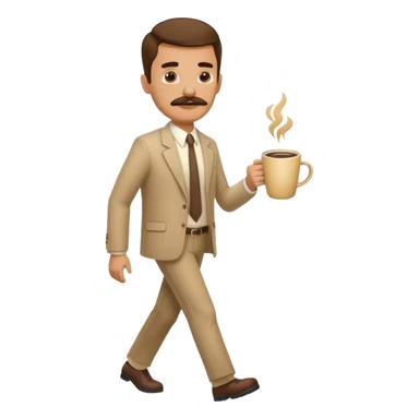 A guy with a mustache walking while holding a coffee cup, and the guy is tired ￼ sticker