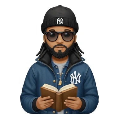 African American man with shoulder length black dreadlocks with black beard wearing black sunglasses wearing a black bubble winter coat wearing a black New York Yankees logo baseball cap wearing denim skinny jeans and Timberland boots reading a Bible sticker