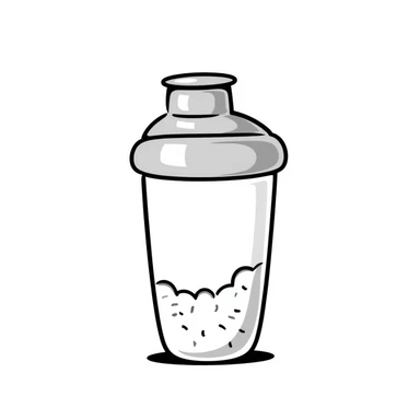 A protein shake in a shaker bottle with details in pastel colors (dd9fb0, ffc6d3, a3bfc9, c4bee2, f1b091), hand-drawn doodle style sticker