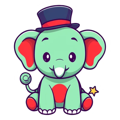 cute red elephant, big eyes, friendly smile, round and simple, wearing a stars-and-stripes top hat, cartoon sticker style sticker