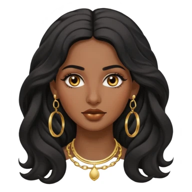 Attractive middle eastern woman with a wide face, baddie look, dark skin, Long wavy black hair and gold hoop earrings sticker