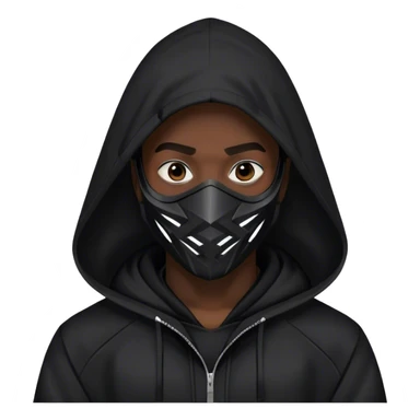man with black hooded jacket and a full-black full-face geometric mask sticker