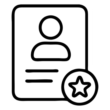 icon of a resume with a star badge and profile silhouette sticker
