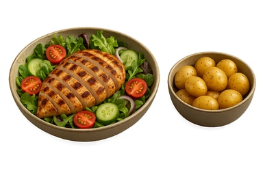 insalate con petto di pollo grigliato e bowl di patate cotte poggiate per terra, iperrealistico 4k sticker