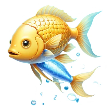 Ethereal golden fish swimming around a glowing brain, with omega-3 capsules floating between them. Flowing streams of luminous energy connect the fish, brain and omega symbol, all radiating with a soft golden light in a dreamy blue aura. sticker