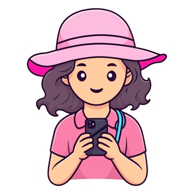 white girl with wavy hair holding her phone and a pink beach hat sticker