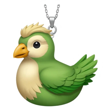 un oiseau classique de profil tout vert avec un collier autour de son cou avec des breloque argentées et un seul poil blond qui fait une petite bouclette sur le front le collier est autour du coup de l’oiseau entre la tête et le corps sticker