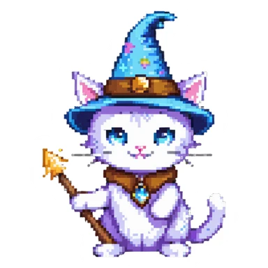 wizard cat with a pointy hat and magic wand sticker