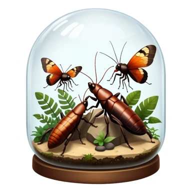 Close-up of giant Madagascar hissing cockroaches, butterflies, and stick insects inside a terrarium, with detailed textures of their bodies, wings, and legs. Soft lighting highlights their features. Transparent background. sticker