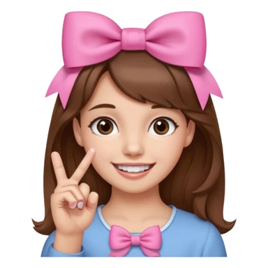 Chica con pelo marron sonriendo con un lazo rosa en la cabeza y con la punta del dedo indice entre los dientes con delicadeza y la otra mano que no salga en el emoji sticker