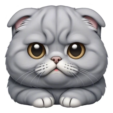Cinematic Comical Grey Scottish Fold Cat Portrait Emoji, Head tilted with a scrunched, grumpy expression and adorable folded ears, sleek soft grey fur with subtle blue undertones, Simplified yet sharp features, highly detailed, glowing with a slightly sarcastic glow, high shine, poised but with a comically displeased demeanor, stylized with an air of playful disdain, focused yet unimpressed, soft glowing outline, capturing the essence of a grumpy yet endearing kitty with the classic Scottish Fold charm, so lifelike it feels like it could give you an exaggerated sigh and a disapproving stare at any moment! sticker