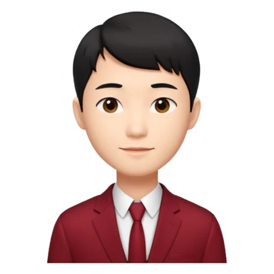 handsome Asian man emoji, short black hair with soft fringe, clean and elegant look, fair skin, gentle smile, wearing dark red suit and white shirt sticker