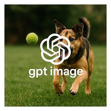  logo of chat gpt with text "gpt image" on the background of a dog chasing ball, realistic image sticker