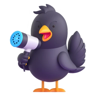 cute soft fluffy hair dryer bird blowing gentle air with a happy face, soft pink, full-body sticker