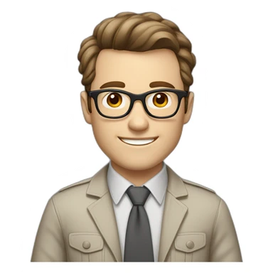 Joyful Pale skinned Fit Man With dark brown hair in gray jacket, beige office shirt, Brown pants and vintage glasses. His thrumbs up sticker