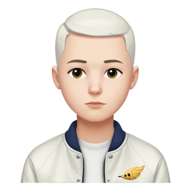 Person side eye with a straight face with a buzz, cut, white hair and a white Hollister jacket sticker