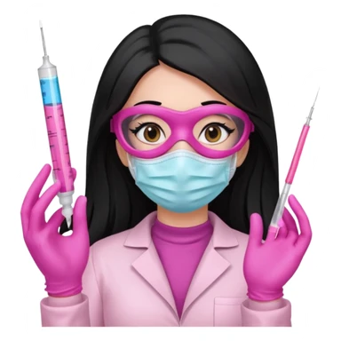 laboratorista con guantes rosa y mascarilla rosa jeringa tubos sin lentes pelo lacio negro y largo sticker