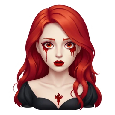 a woman with long red hair and red eyes. The woman wear a black dress. She have red lipstick. blood on face and metaphorical chest sticker