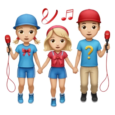 Show three big emojis: 👧🏻🎀 (the doll singing), 😀👕4️⃣5️⃣6️⃣🤾 (a player jumping rope), 👦🏻🧢 (child figure). sticker