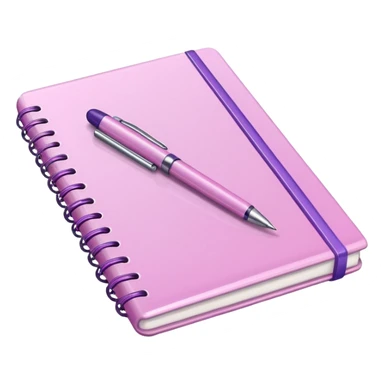 soft pink notebook with a soft purple pen lying on top, iOS emoji style sticker