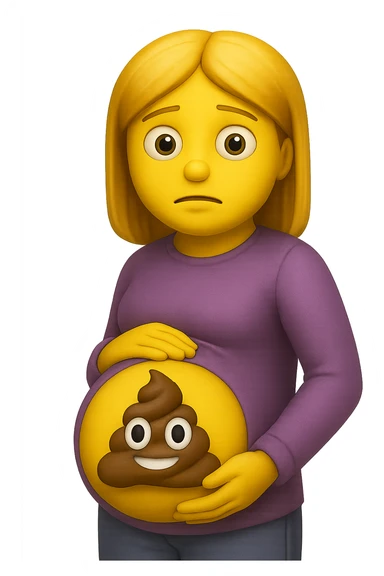 emoji stile iphone di una donna con pancia gonfia piena di cacche con gli occhi, iperrealistico 4k sticker