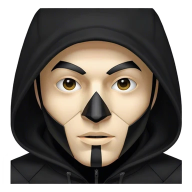 man with black hooded jacket and a full-black full-face geometric mask sticker