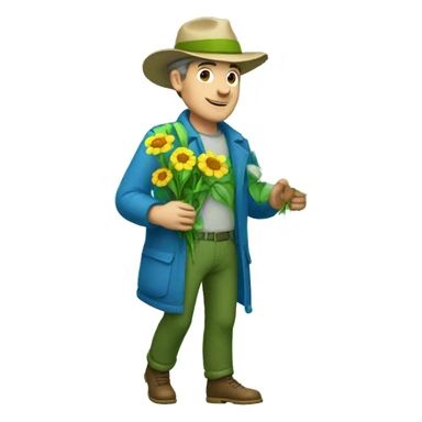 a botanist white man with luigi "D" cap and blue clothes holds various flowers sticker