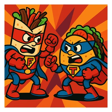 Add superhero costumes to the fajita and taco as they playfully fight in a vibrant cartoon style, keep the background as is. sticker