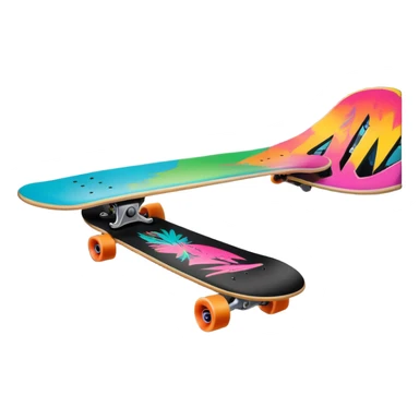 An icon featuring a skateboard resting on a smooth concrete surface. The background shows a sunny skate park with ramps, graffiti walls, and palm trees, creating an urban vibe. The skateboard is designed with vibrant colors and unique graphics. Transparent background  sticker