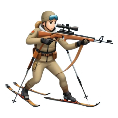 An icon showing a snowy landscape with pine trees, mountains, and a clear sky with a biathlete aiming a rifle in the foreground, wearing winter gear and skis. Transparent background emphasizes the precision, endurance, and beauty of this winter sport. sticker
