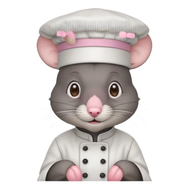 dark gray mouse with large round ears, brown eyes, and a small pink nose, wearing a white chef’s hat sticker