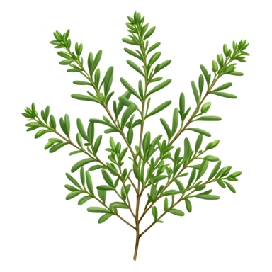 Cinematic Realistic Thyme Emoji, Compact and earthy, with tiny green leaves densely packed on delicate stems. The soft fragrance of the leaves fills the air, creating an atmosphere of warmth and subtle richness. Soft glowing outline, capturing the essence of simplicity and natural healing in a sprig of thyme! sticker
