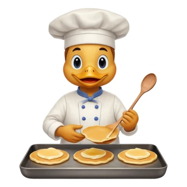 A chef duck wearing a tiny apron, making pancakes on a pan sticker