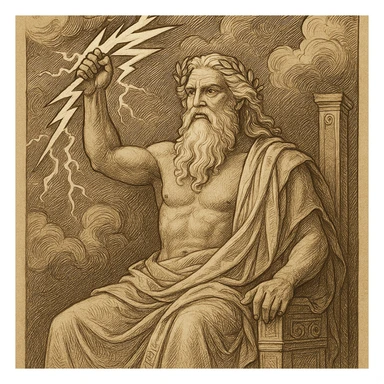 Zeus with a white beard and lightning, regal and majestic, ancient Greek style, detailed mythological illustration sticker