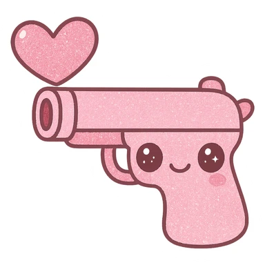 Add sparkling glitter details to the kawaii pink heart pistol, keeping the cute face and big eyes, with no background. sticker