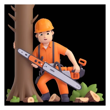 professional arborist cutting down a large tree with chainsaw, wearing safety helmet and protective gear. Scene includes detailed tree trunk, falling wood pieces, forest background, dynamic movement, and emphasis on expertise and safety in tree removal sticker