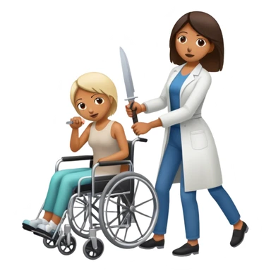 Mujer con cuchillo en la mano, empujando un enfermo en silla de ruedas sticker