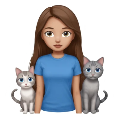 a pretty bratz dusky light skin girl with long brown hair, blue eyes with six cats nd wearing a grey tshirt sticker