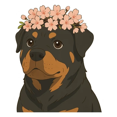 rottweiler with a cherry blossom flower crown in ghibli style sticker